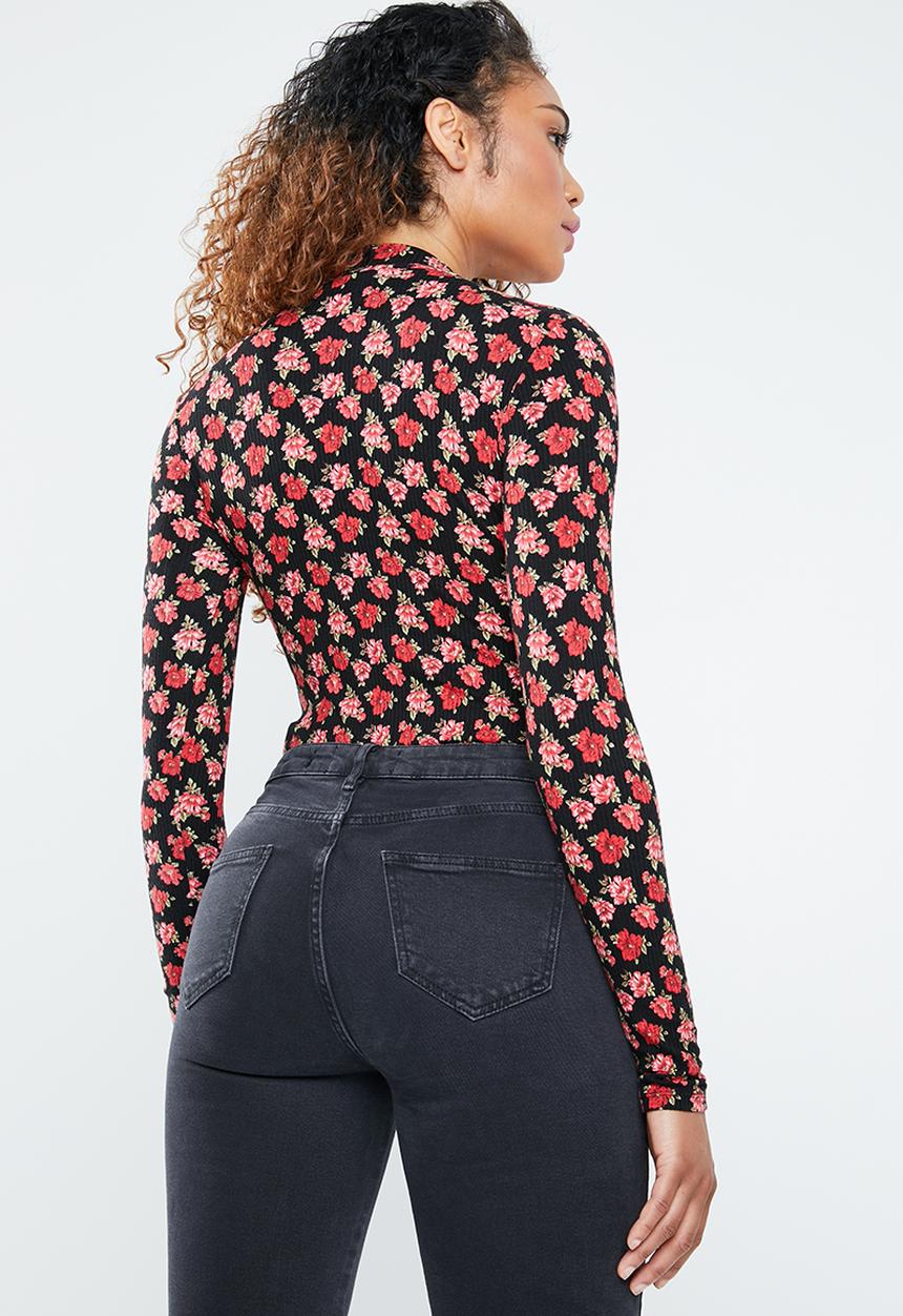 Forever21 - Floral knit bodysuit - black & red