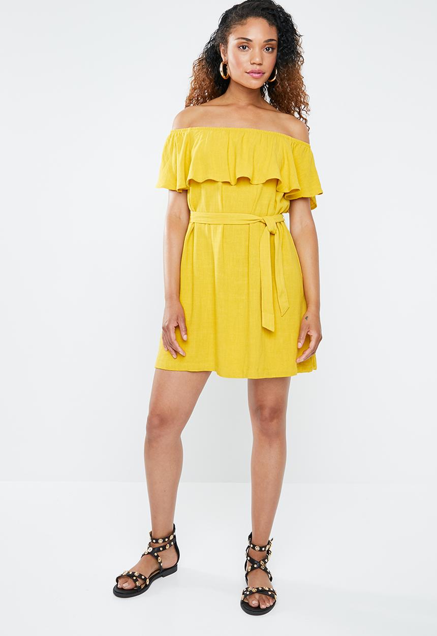 Forever21 - Off shoulder ruffle dress with tie - yellow 
