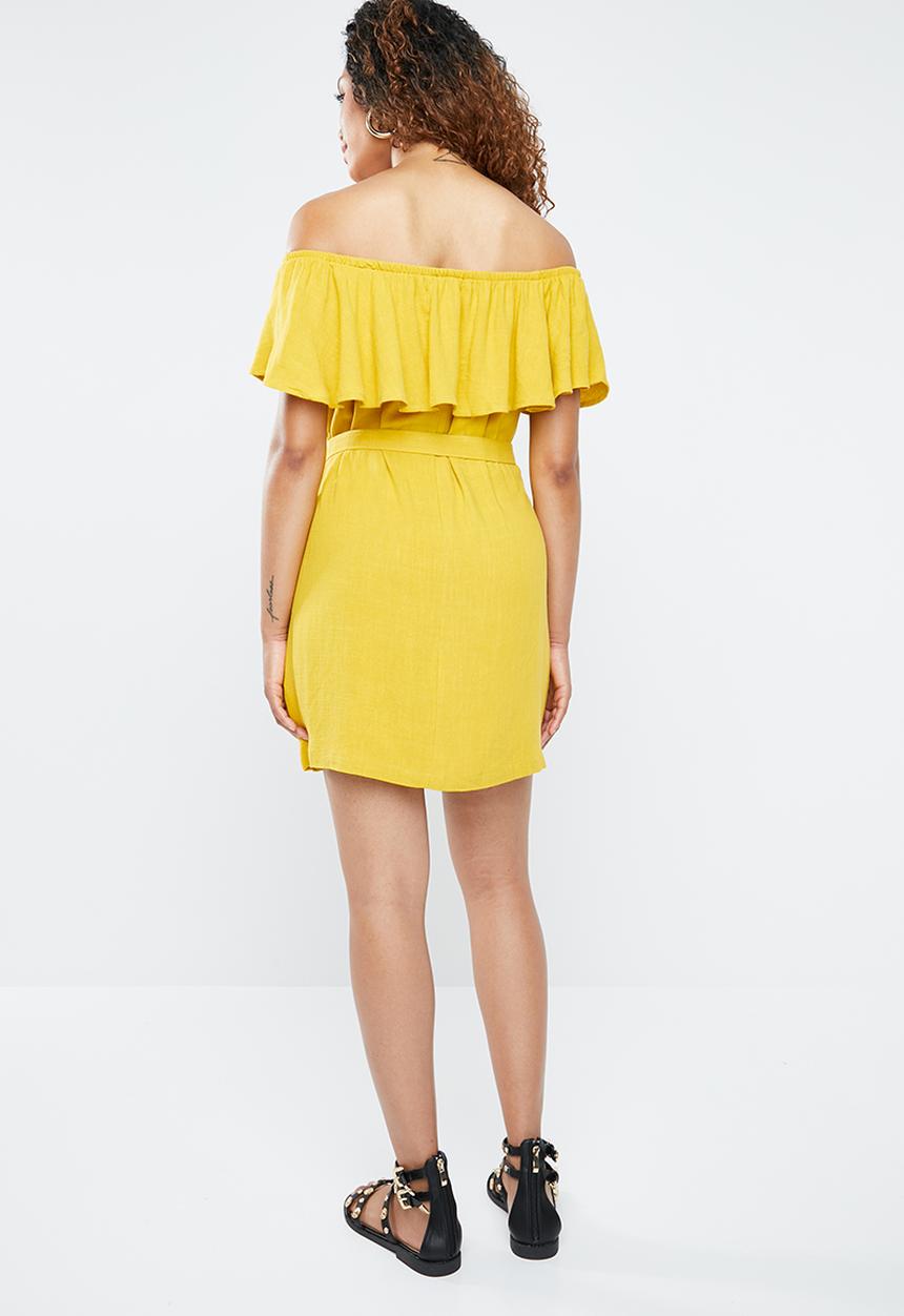 Forever21 - Off shoulder ruffle dress with tie - yellow 