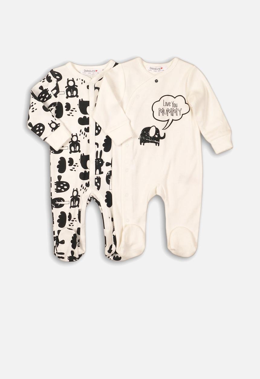 MINOTI - Monochrome animal 2 pack interlock sleepsuit - black & cream