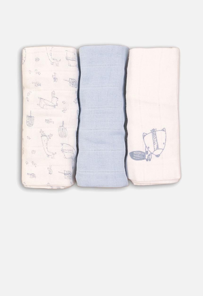 MINOTI - Fishing 3 pack muslin cloths pale - blue