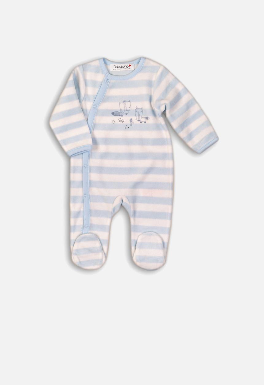 MINOTI - Fishing velour stripe sleepsuit -  blue & white 