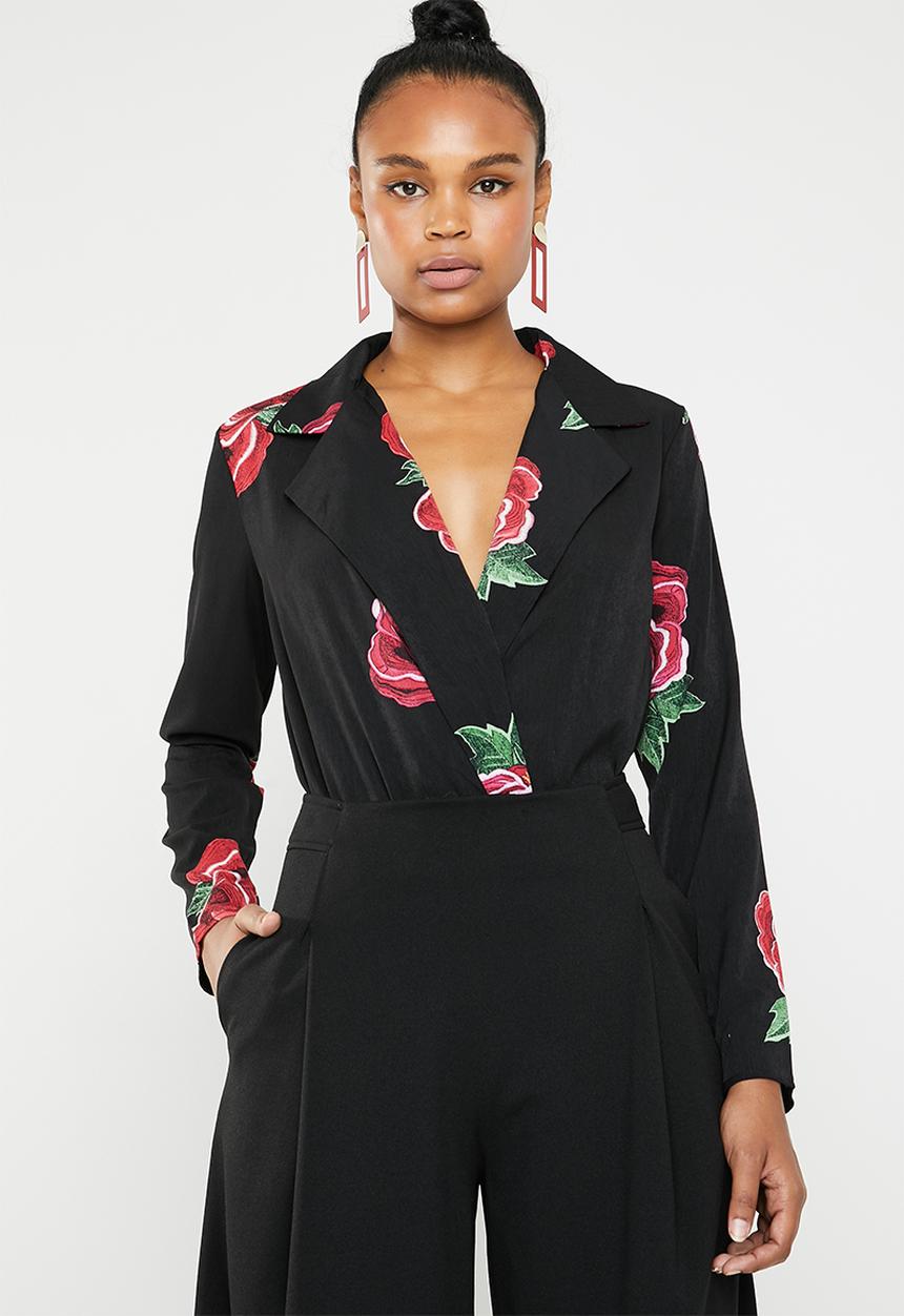 Missguided - Floral collared wrap front bodysuit - black