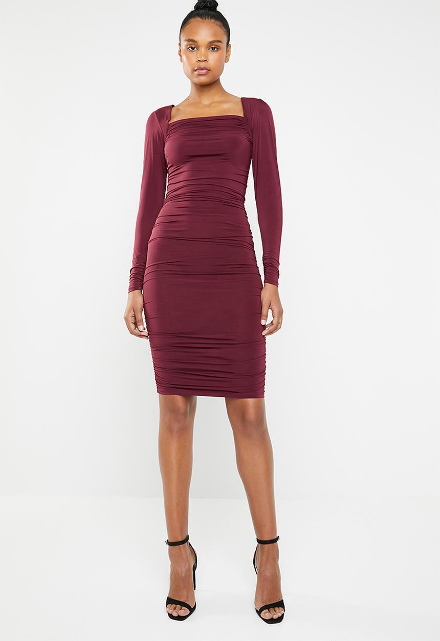 Superbalist - Square neck ruched dress - burgundy 