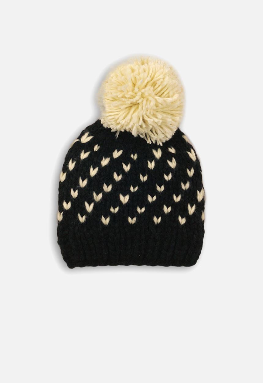 MINOTI - Girls jacquard pom pom hat - black & cream 