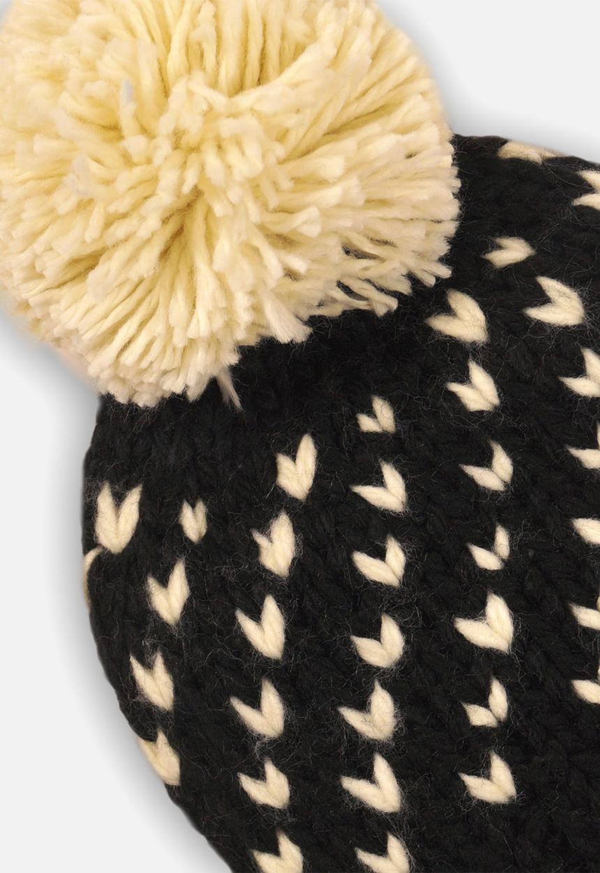 MINOTI - Girls jacquard pom pom hat - black & cream 