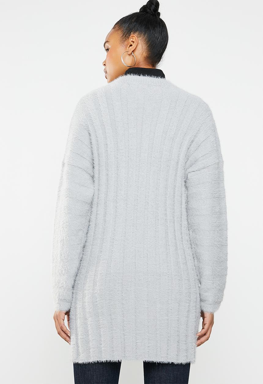 Missguided - V neck fluffy ribbed knitted dress - grey