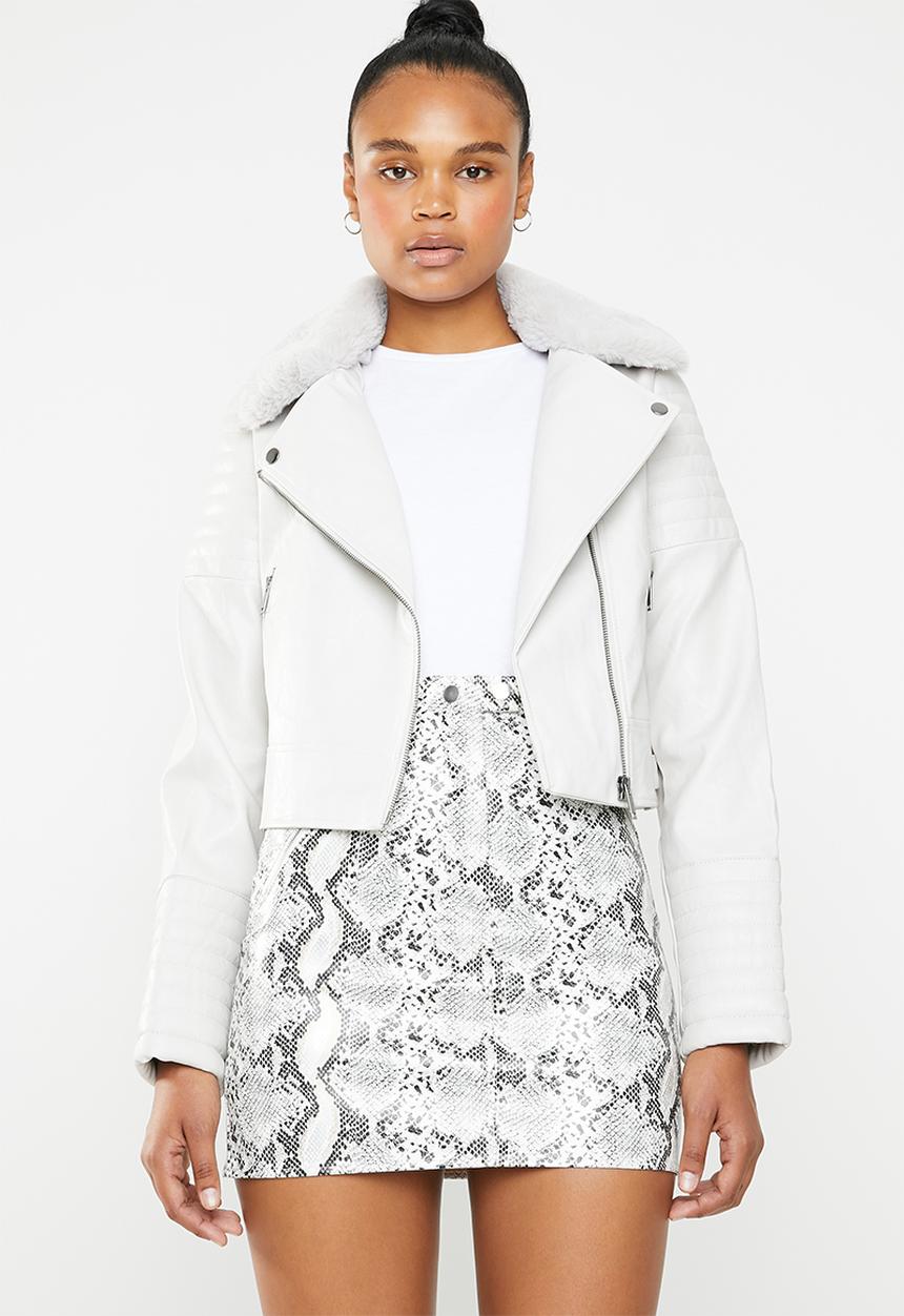 Missguided - Biker jacket with faux fur collar - grey