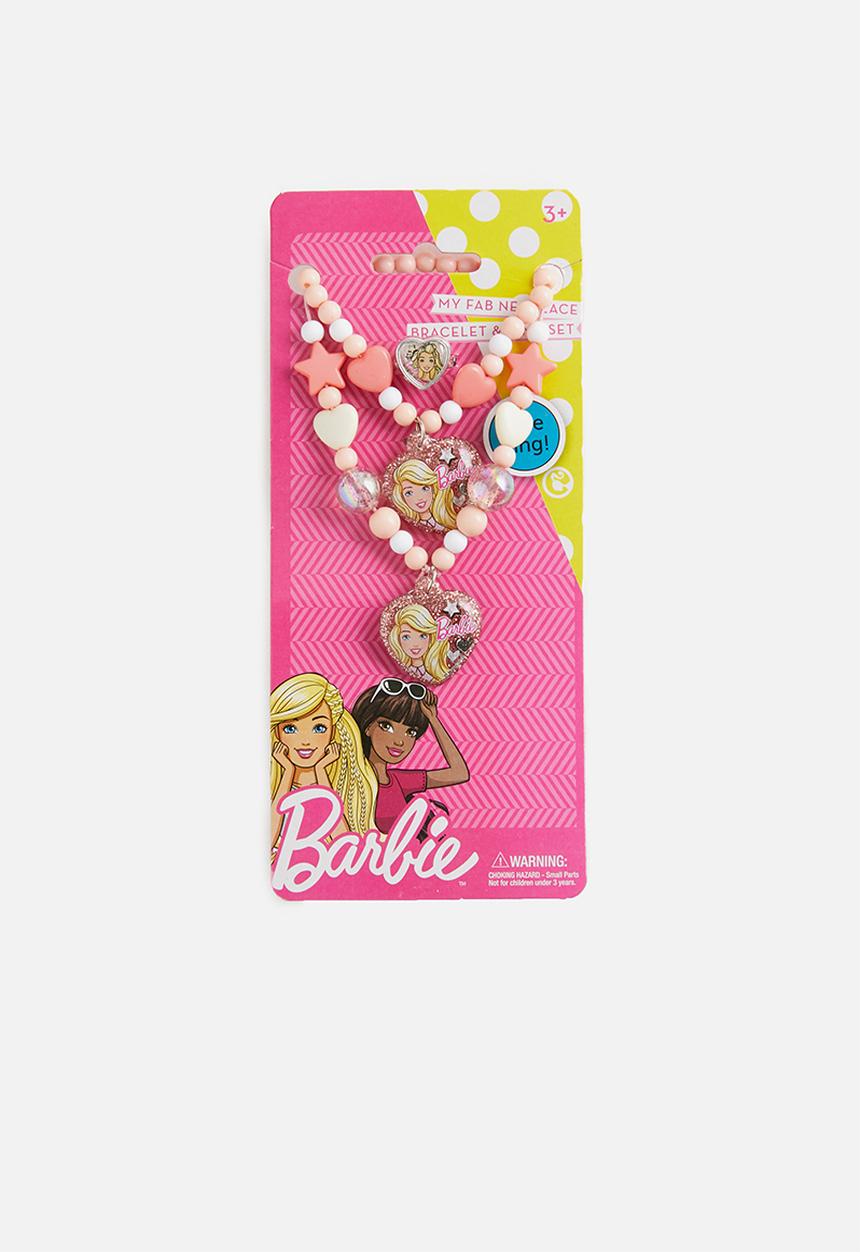 Character Fashion - Barbie 3 piece beaded necklace, bracelet & ring  set - pink & white