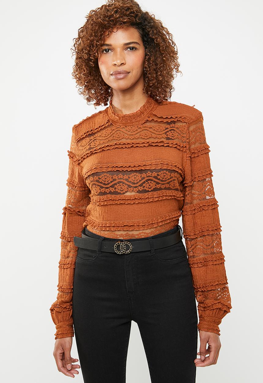 ONLY - Marjorie lace and ruffle top - brown