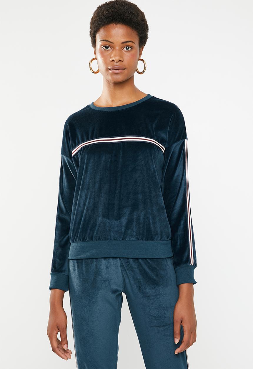 Brave Soul - Velour sweatshirt with side tape - navy