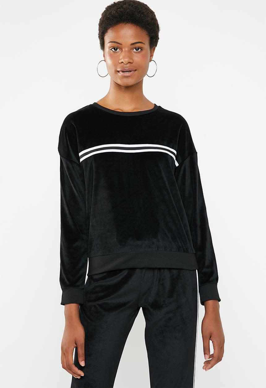 Brave Soul - velour sweatshirt with side tape - black