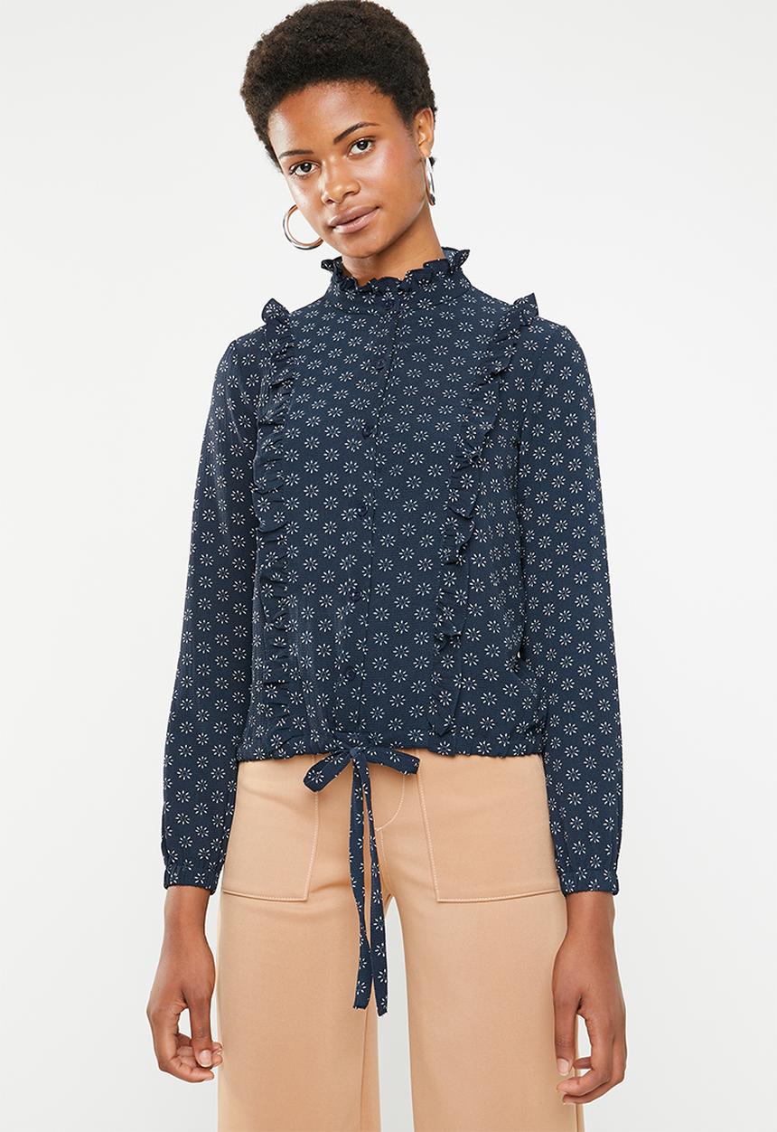 Brave Soul - Floral shirt with ruffles - navy