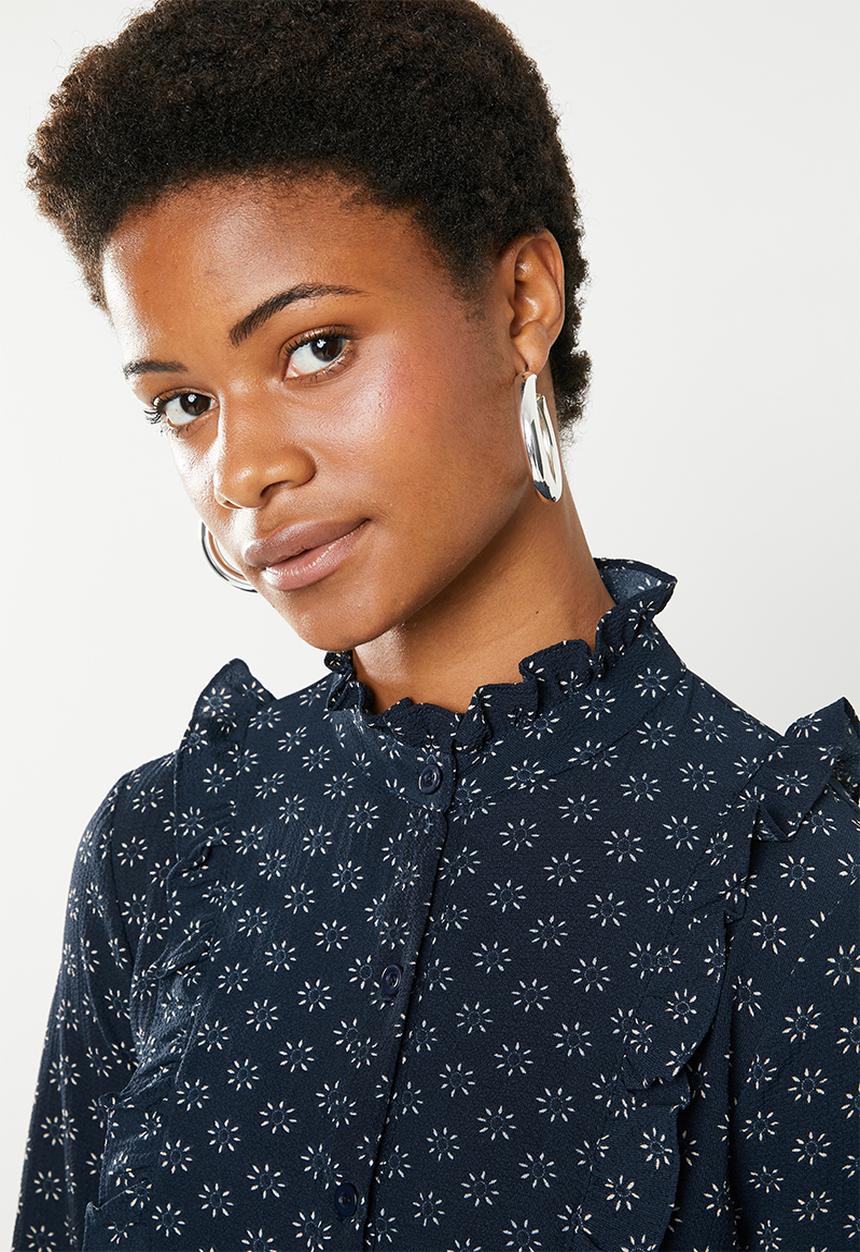 Brave Soul - Floral shirt with ruffles - navy