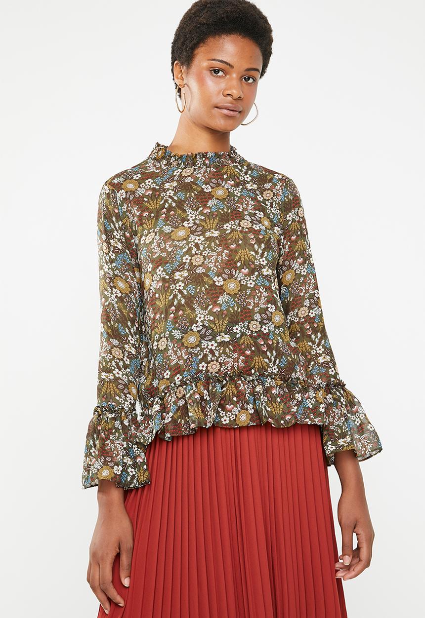 Brave Soul - Floral blouse with ruffle hem - green