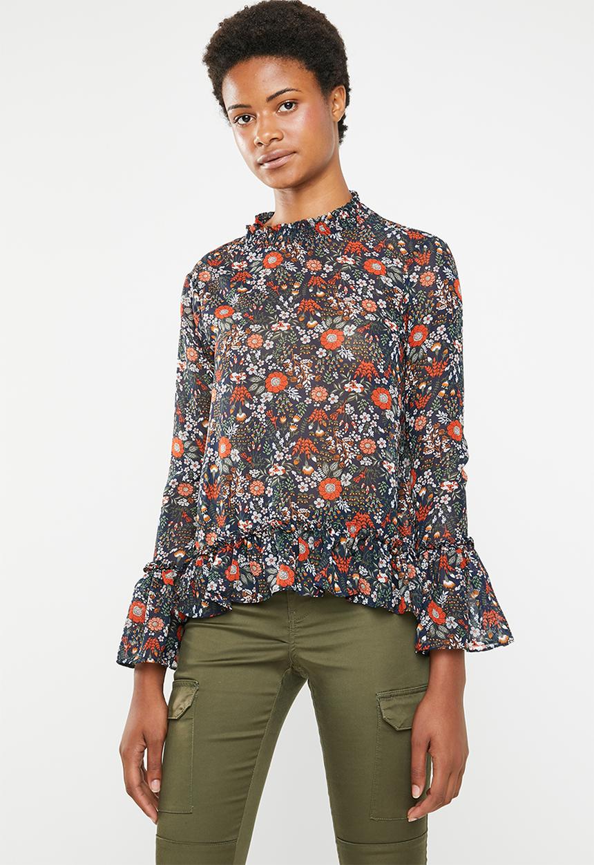 Brave Soul - Floral blouse with ruffle hem - blue