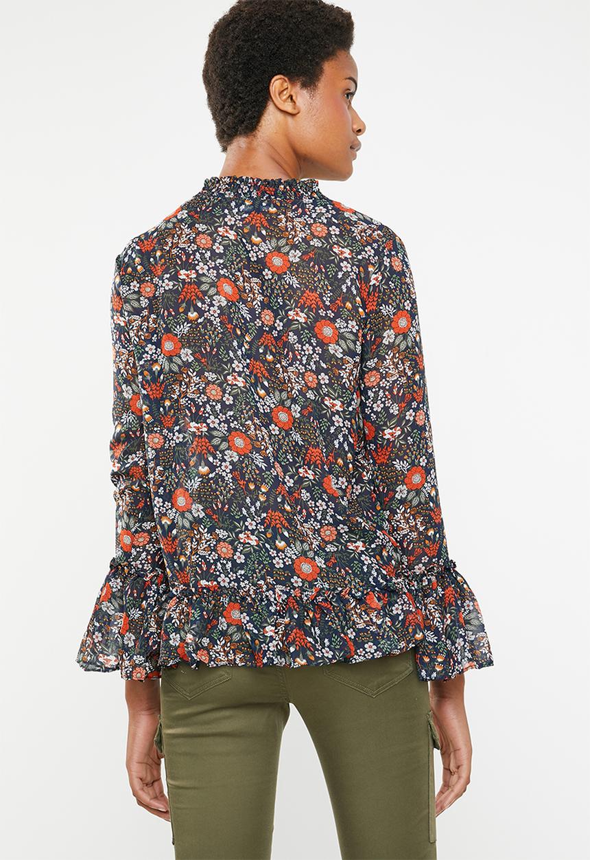 Brave Soul - Floral blouse with ruffle hem - blue