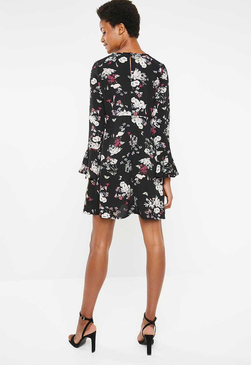 Brave Soul - Flare sleeve floral dress - black