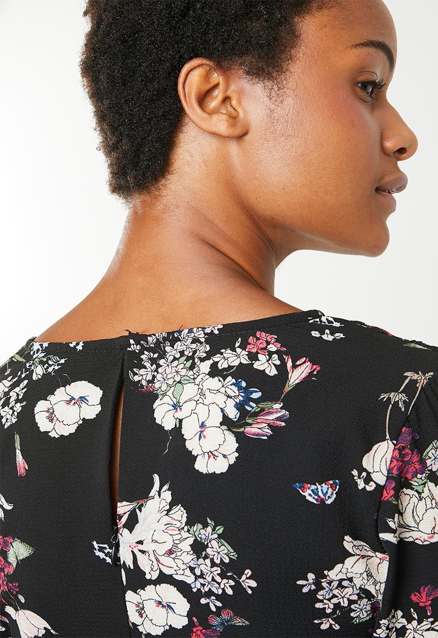 Brave Soul - Flare sleeve floral dress - black