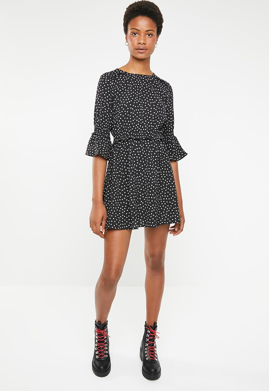 Brave Soul - Polka dot bell sleeve dress - black