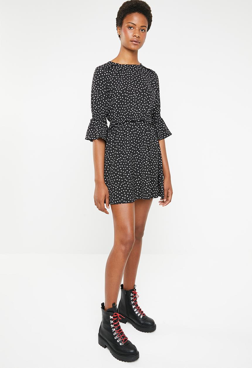 Brave Soul - Polka dot bell sleeve dress - black