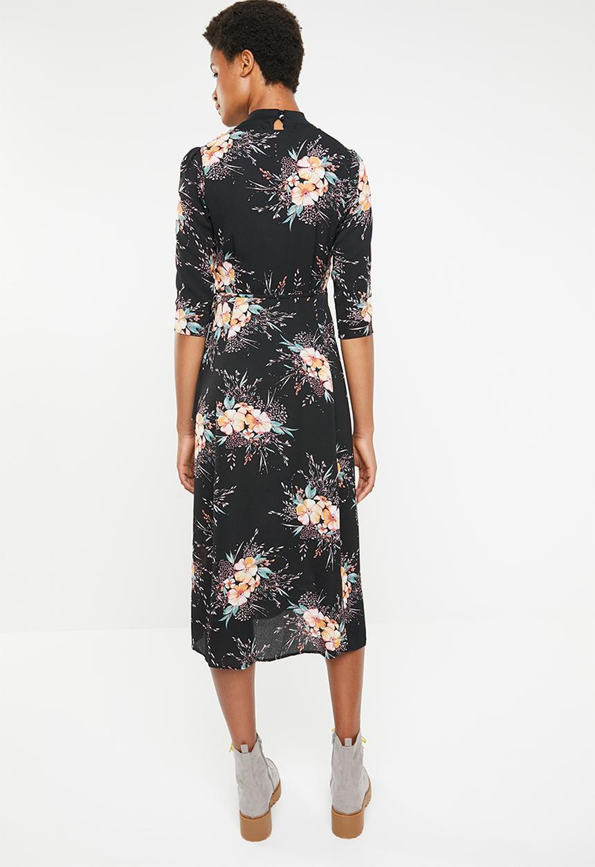 Brave Soul - 3/4 Sleeve faux wrap floral maxi - black