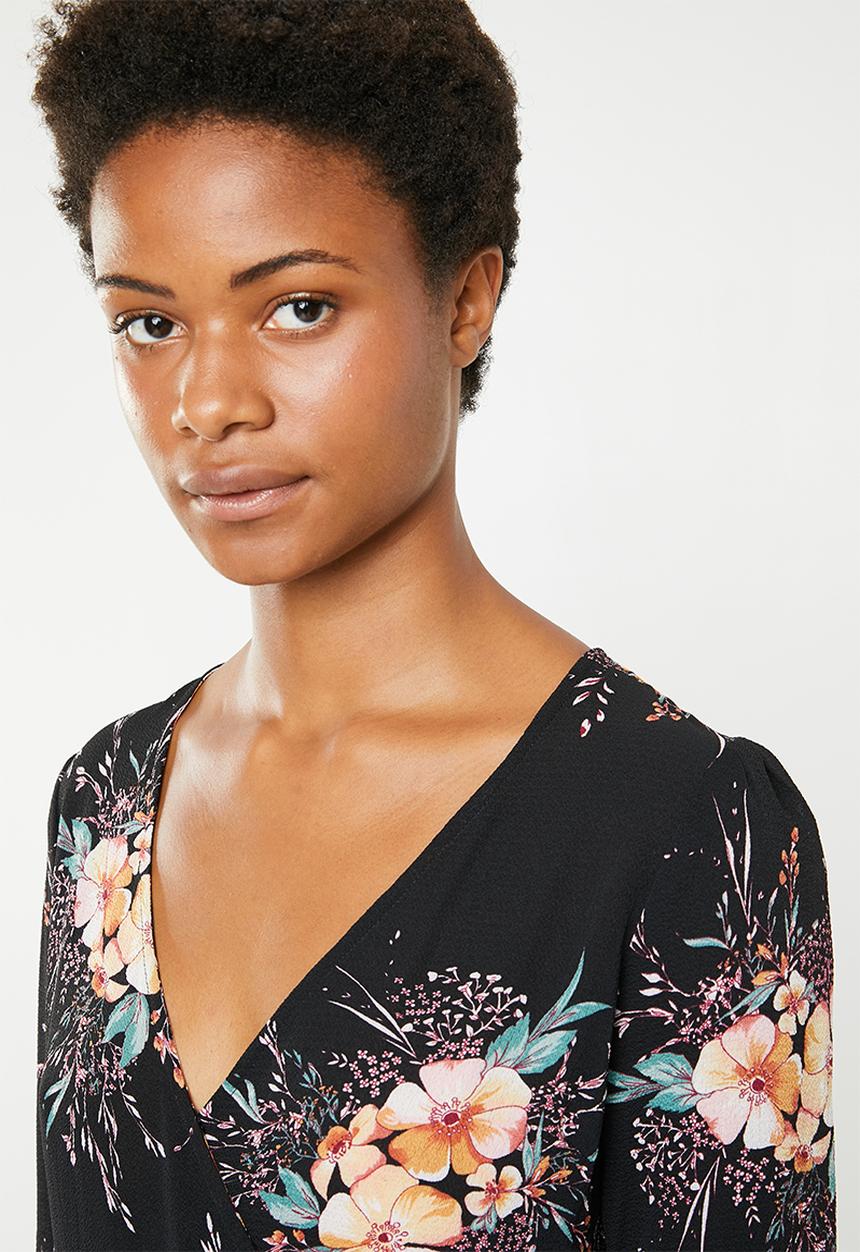Brave Soul - 3/4 Sleeve faux wrap floral maxi - black