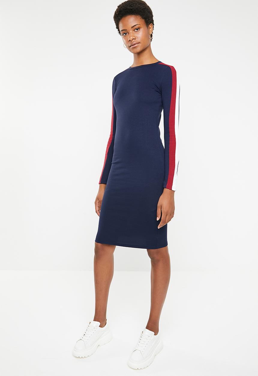 Brave Soul - Long sleeve bodycon midi with side stripe - navy
