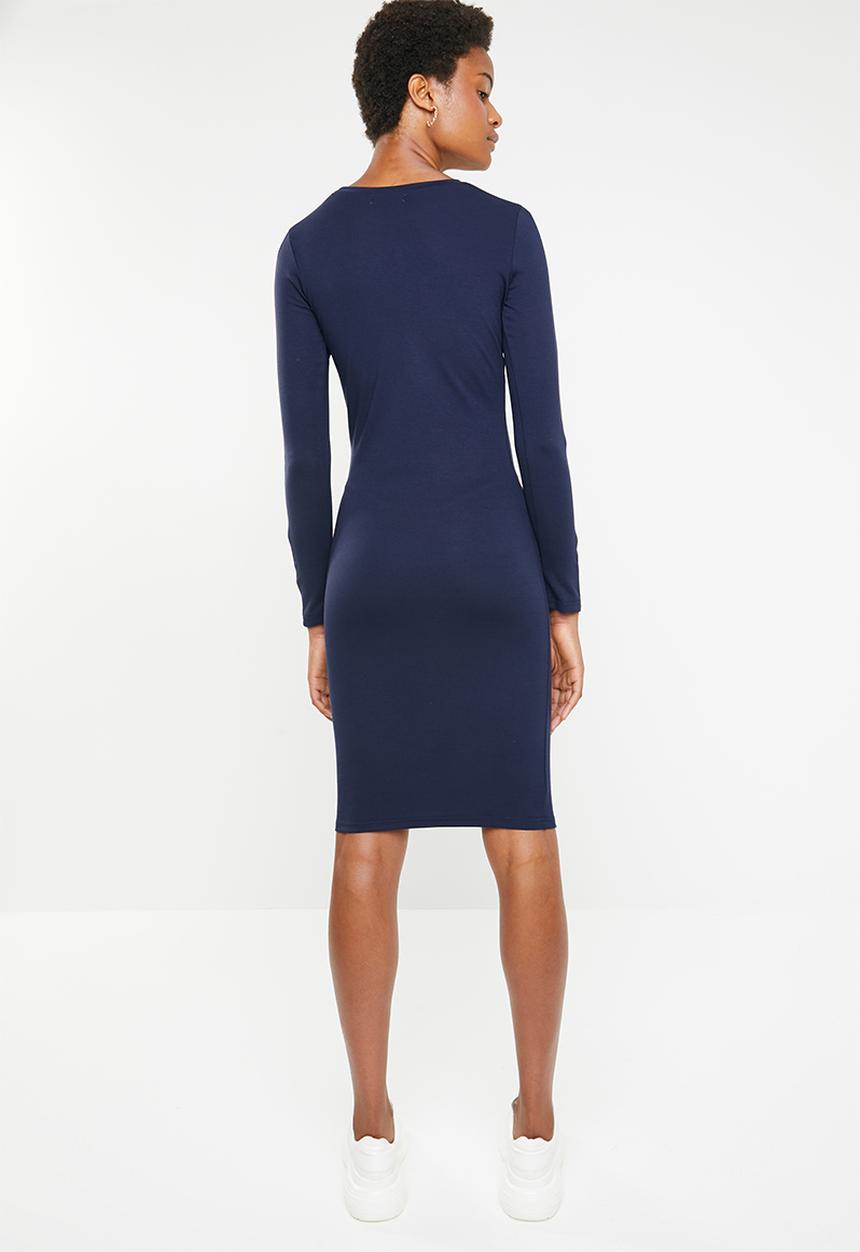 Brave Soul - Long sleeve bodycon midi with side stripe - navy