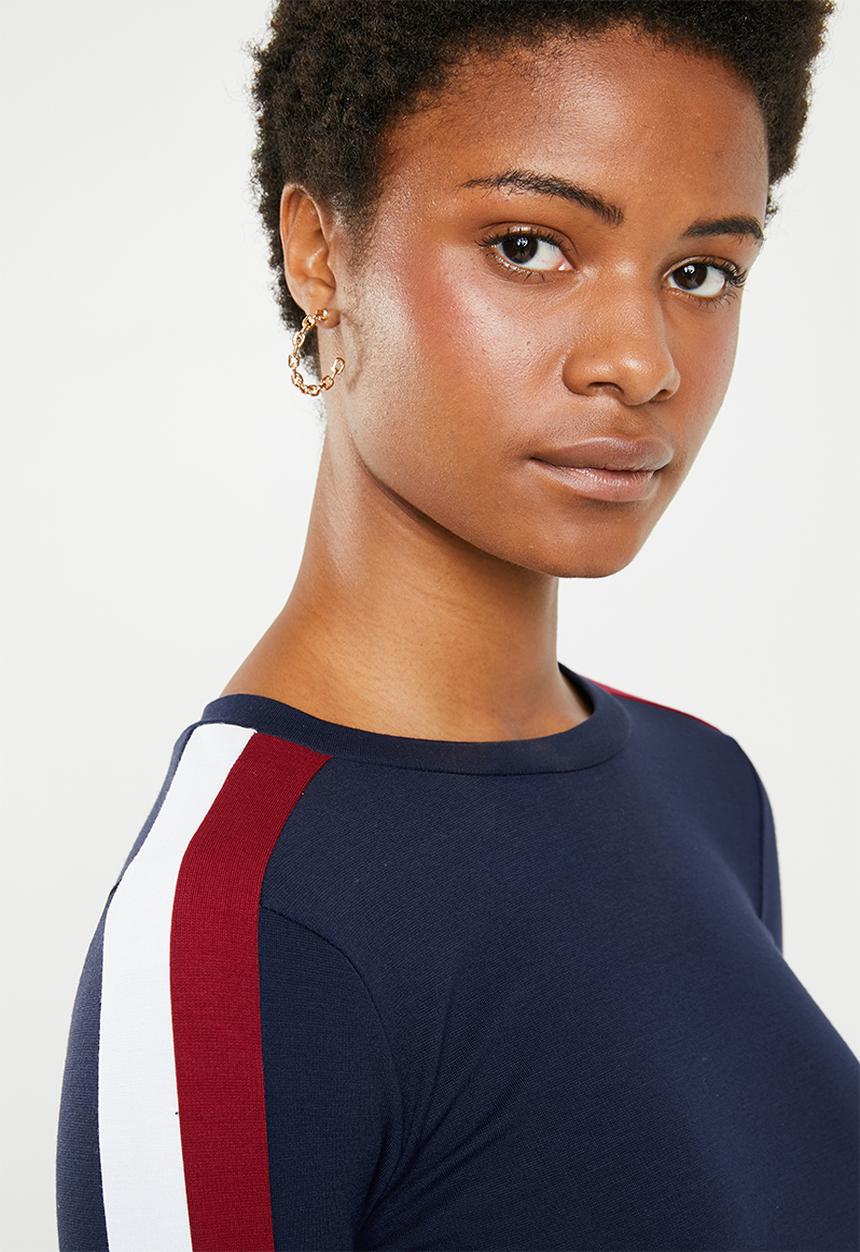 Brave Soul - Long sleeve bodycon midi with side stripe - navy