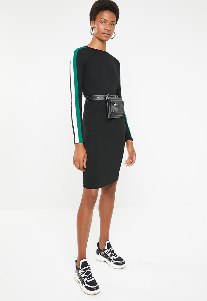 Brave Soul - Long sleeve bodycon midi with side stripe - black