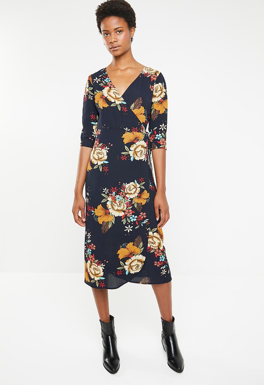 Brave Soul - 3/4 Sleeve faux wrap floral maxi - navy