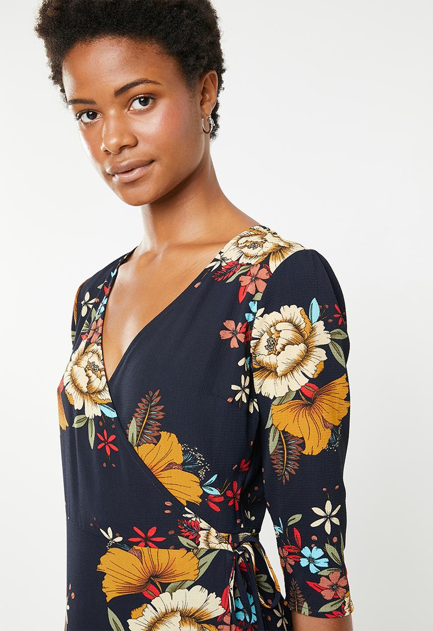Brave Soul - 3/4 Sleeve faux wrap floral maxi - navy