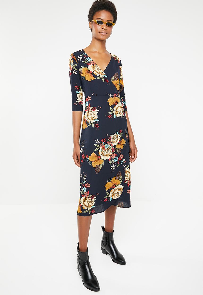 Brave Soul - 3/4 Sleeve faux wrap floral maxi - navy