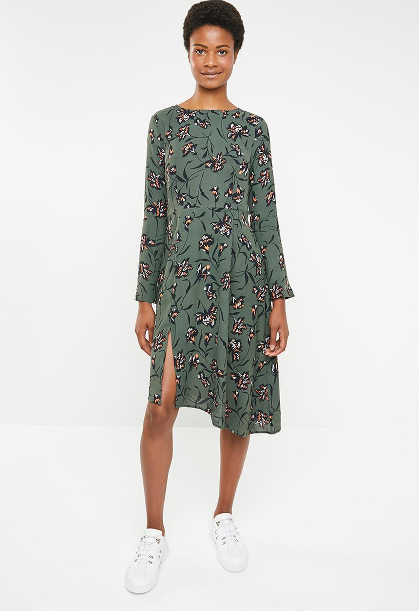 Brave Soul - Asymmetric floral dress with bell sleeves - green