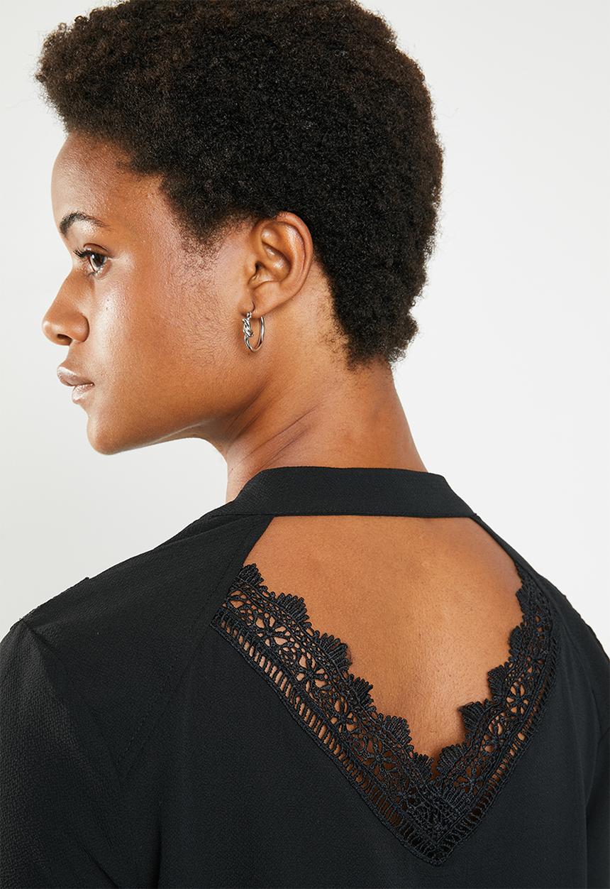 Brave Soul - Long sleeve blouse with back cut out lace detail - black