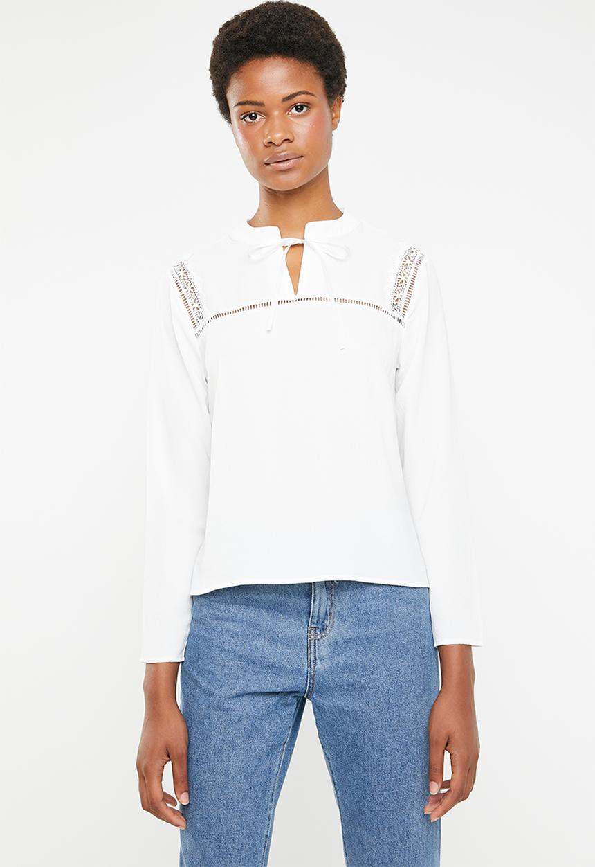 Brave Soul - long sleeve blouse with back cut out lace detail - white