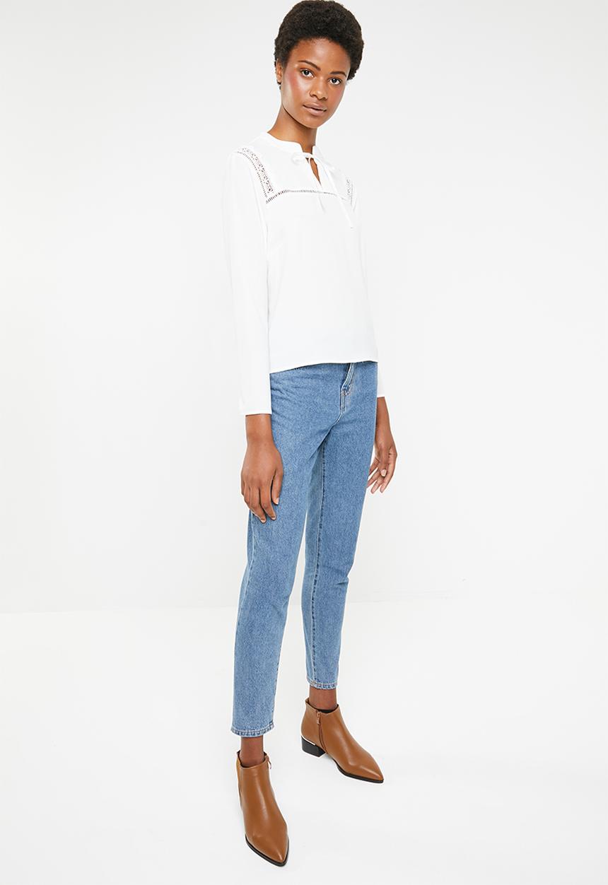 Brave Soul - long sleeve blouse with back cut out lace detail - white