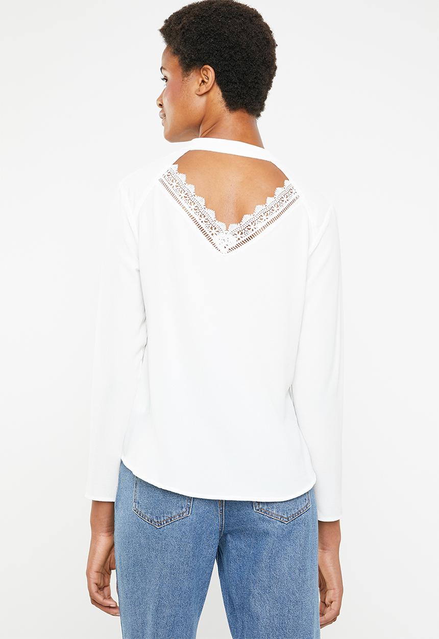 Brave Soul - long sleeve blouse with back cut out lace detail - white