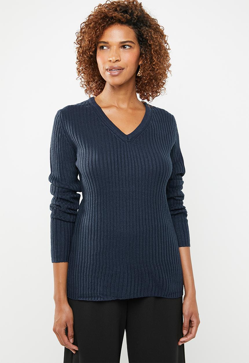 edit - Essential ribbed v neck jersey  - navy