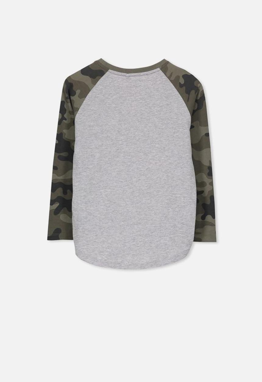 Cotton On - Tom long sleeve camouflage raglan tee - grey & green