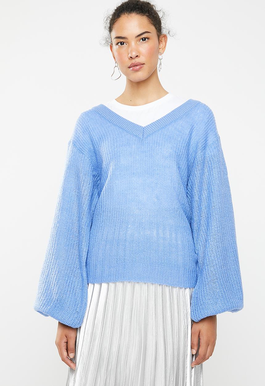 Brave Soul - Lightweight ribbed jersey with balloon sleeve - blue