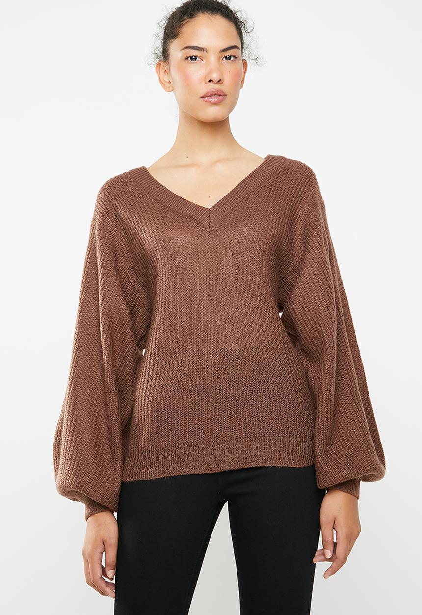 Brave Soul - Lightweight ribbed jersey with balloon sleeve - brown