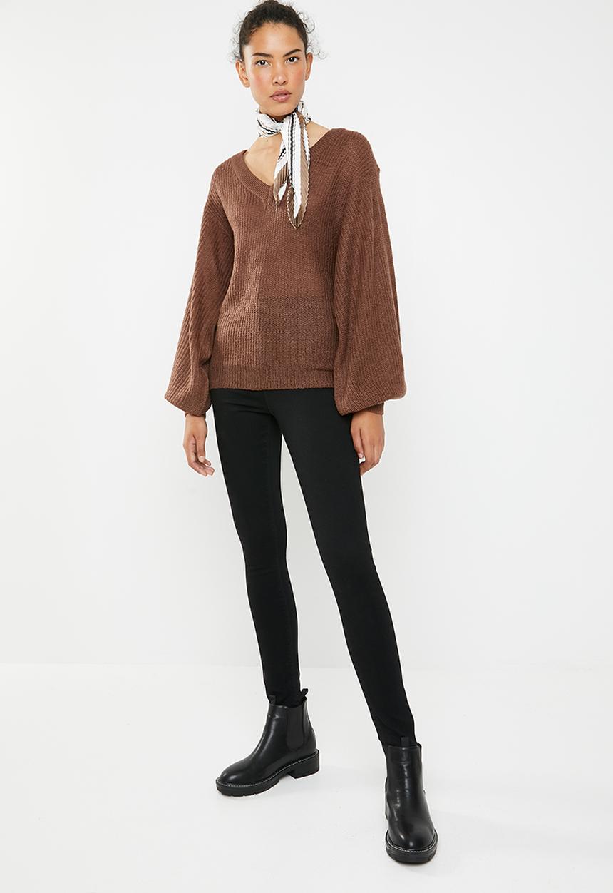 Brave Soul - Lightweight ribbed jersey with balloon sleeve - brown