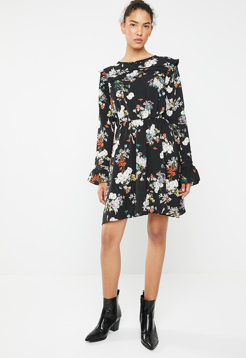 Brave Soul - Long sleeve pleat and ruffle floral dress - black
