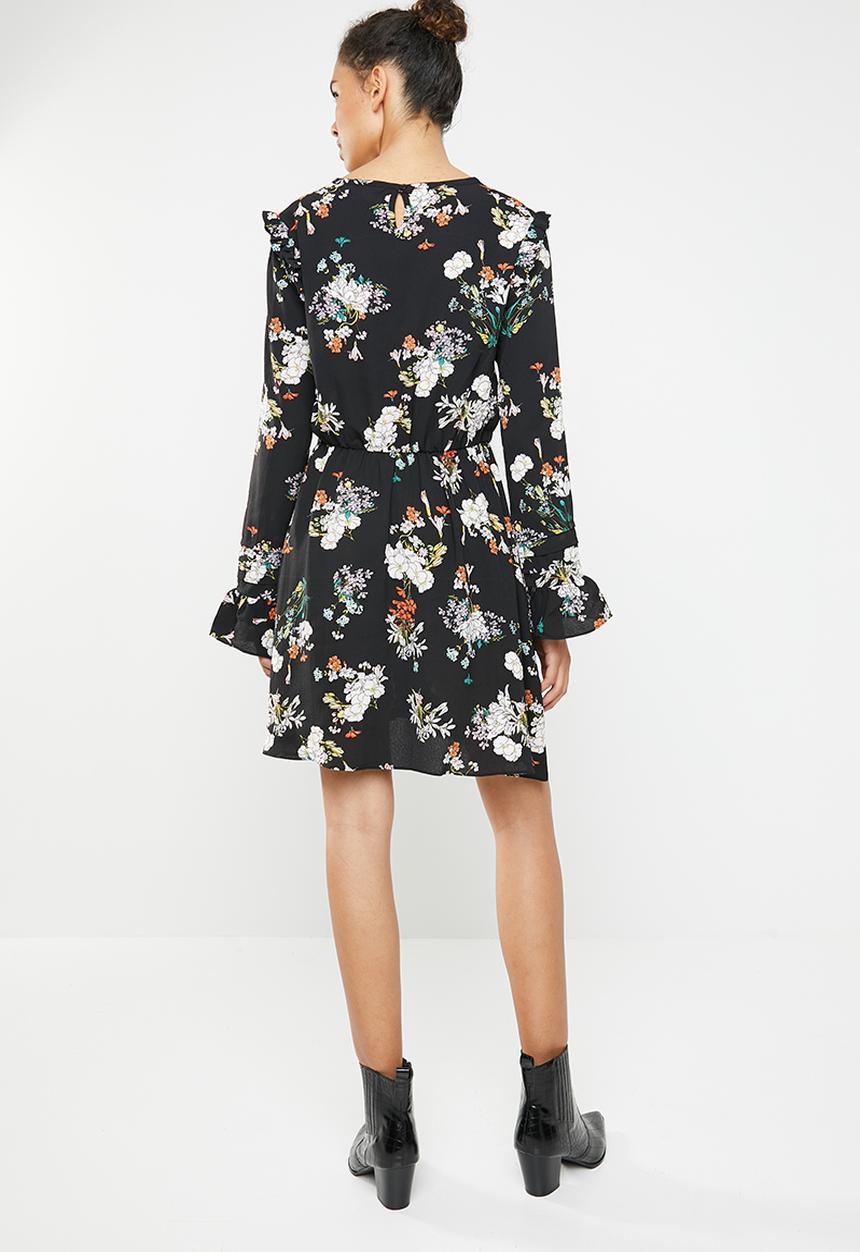 Brave Soul - Long sleeve pleat and ruffle floral dress - black