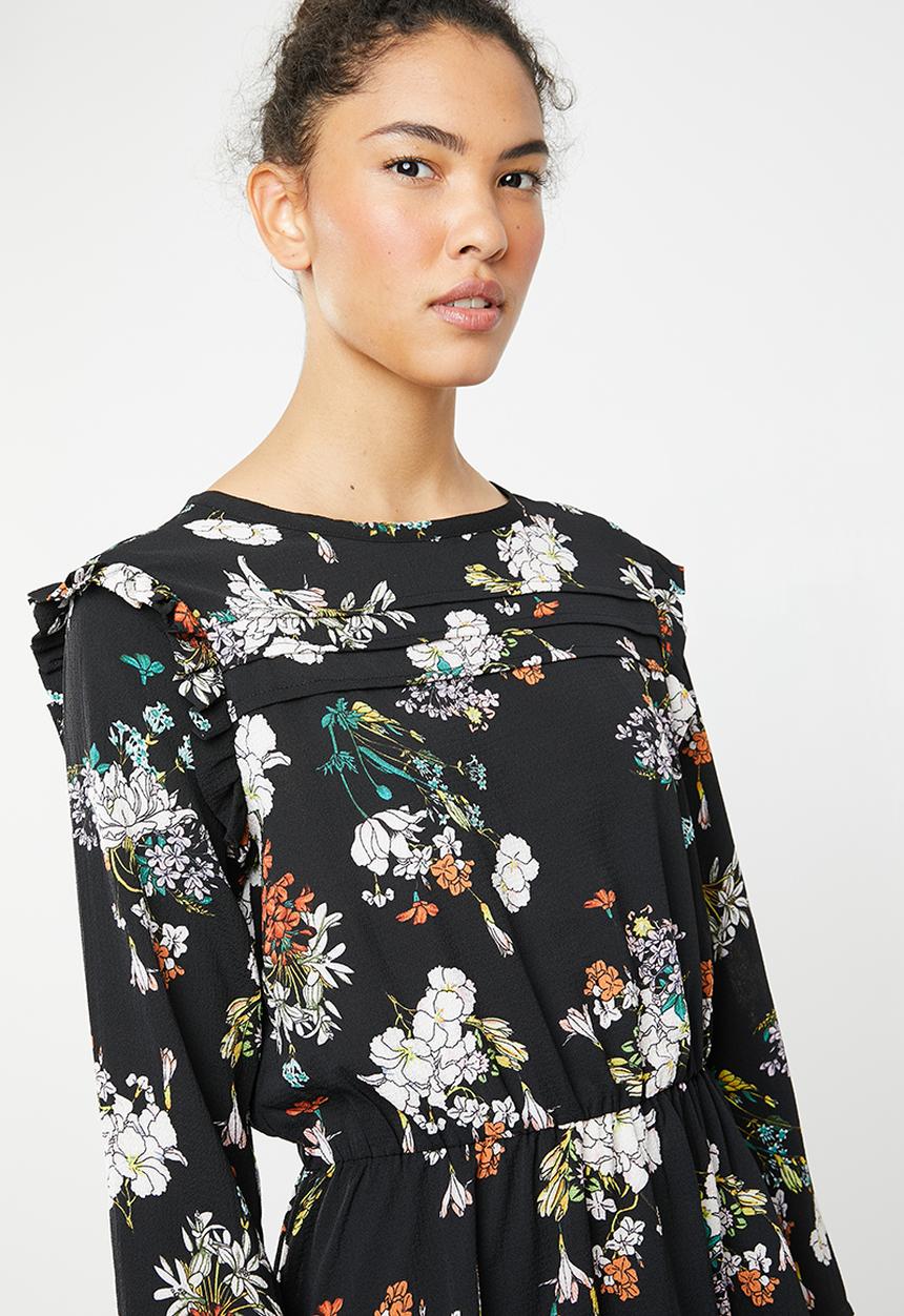 Brave Soul - Long sleeve pleat and ruffle floral dress - black