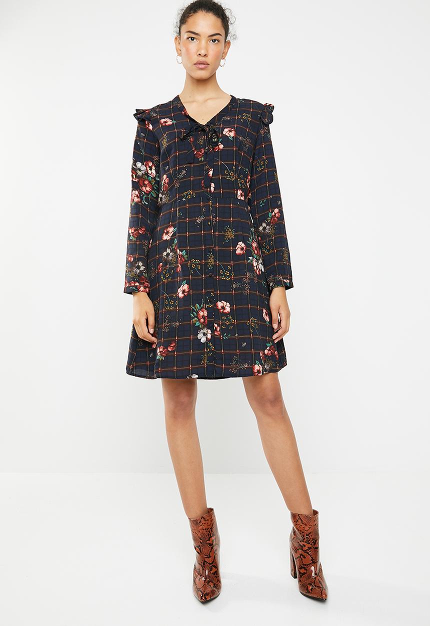 Brave Soul - Floral grid tie neck dress - navy