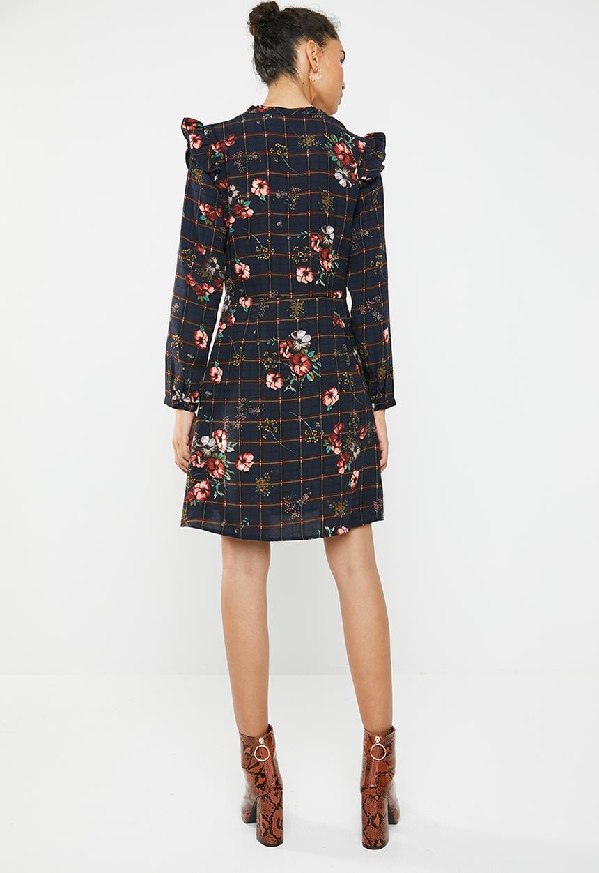 Brave Soul - Floral grid tie neck dress - navy