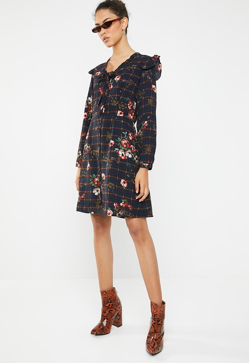 Brave Soul - Floral grid tie neck dress - navy